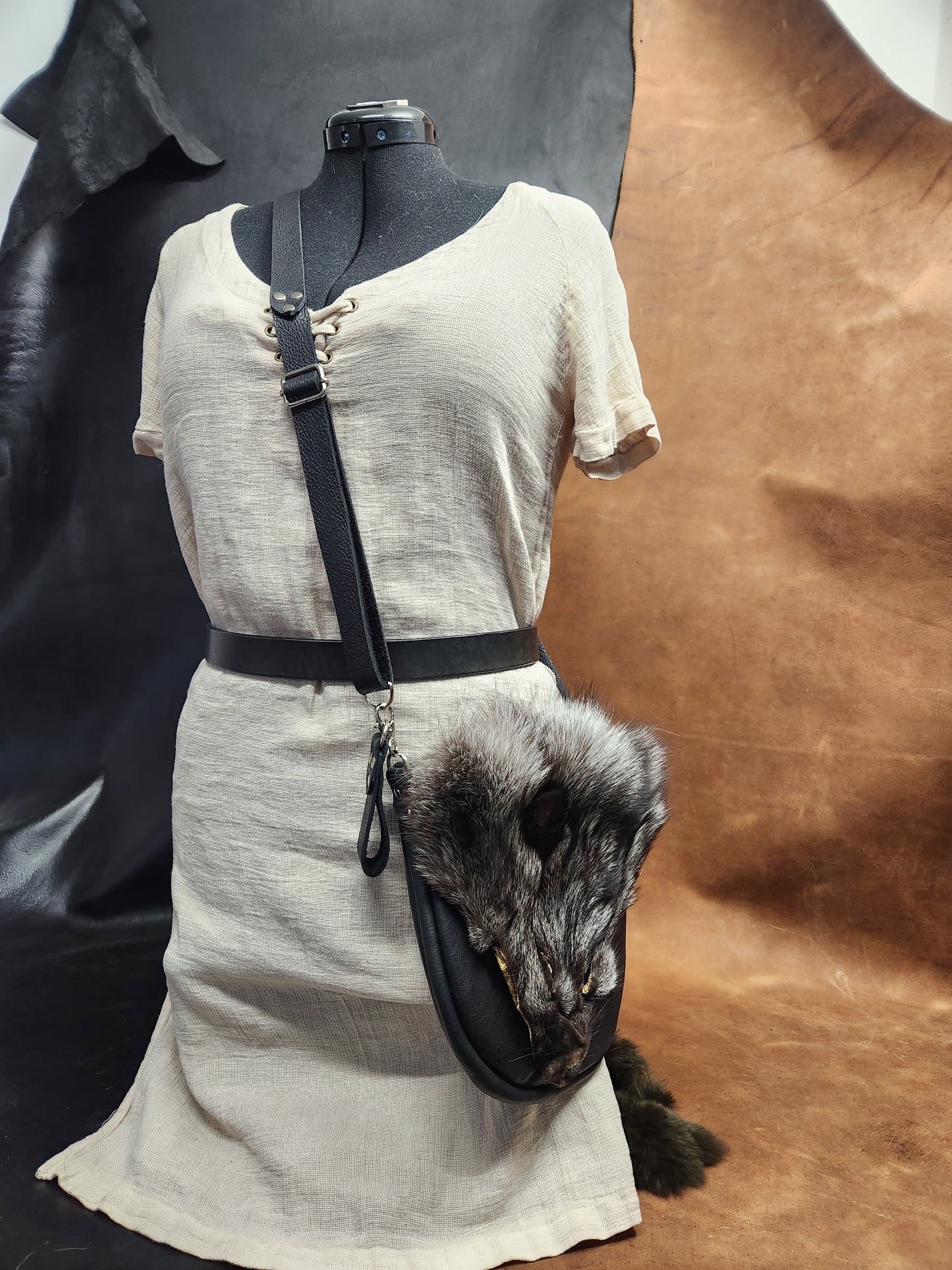 Large Leather Bags with Fur Faces, Shoulder or Belt Bag or Sporrin