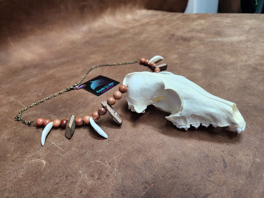 Fox Skull, Canine Tooth, Stone and Wooden Bead Necklace