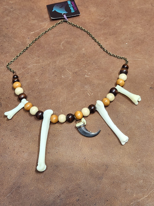 Wolf Bones, Wolf Claw, and Wooden Bead Necklace