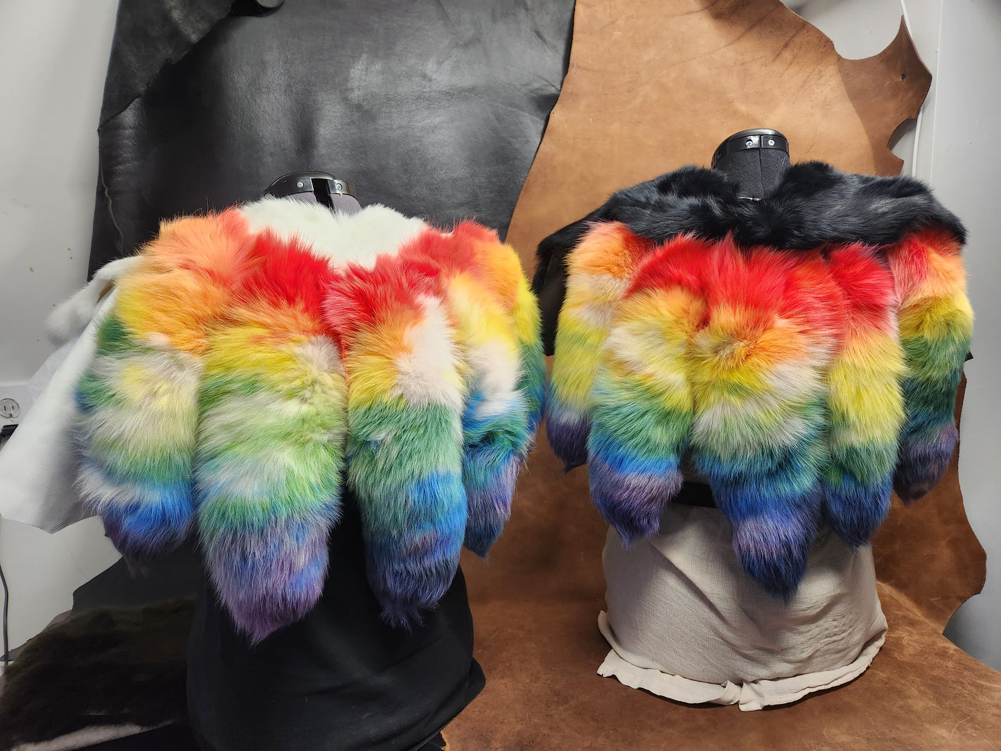 Rainbow Fox Tail, White Rabbit, and Deerskin Leather Mantle