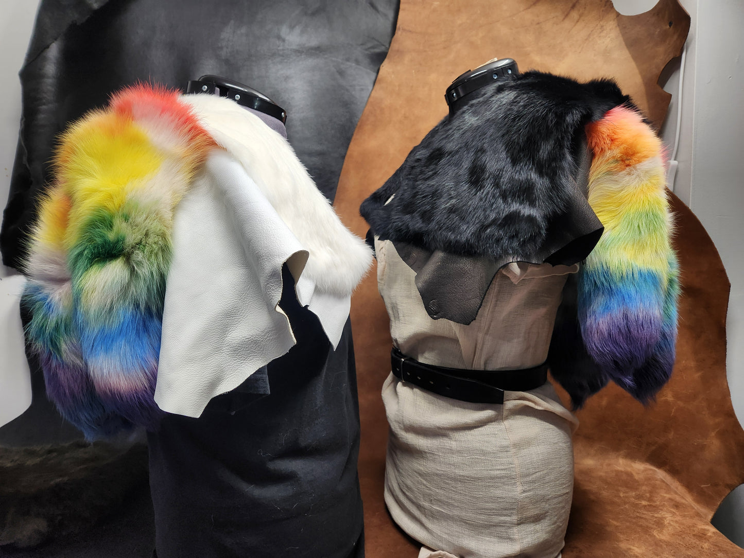 Rainbow Fox Tail, White Rabbit, and Deerskin Leather Mantle
