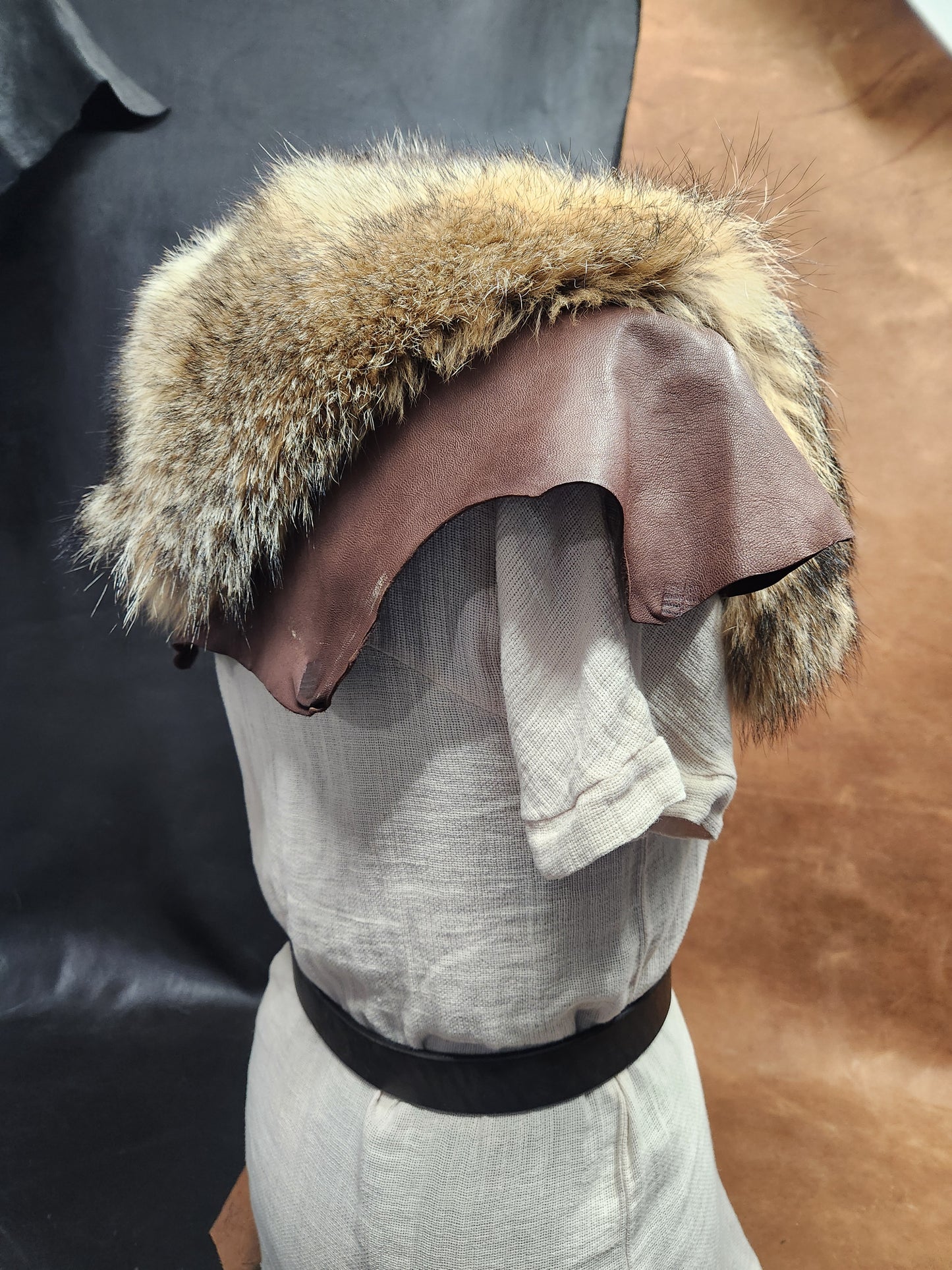 Coyote Fur and Brown Deerskin Leather Mantle