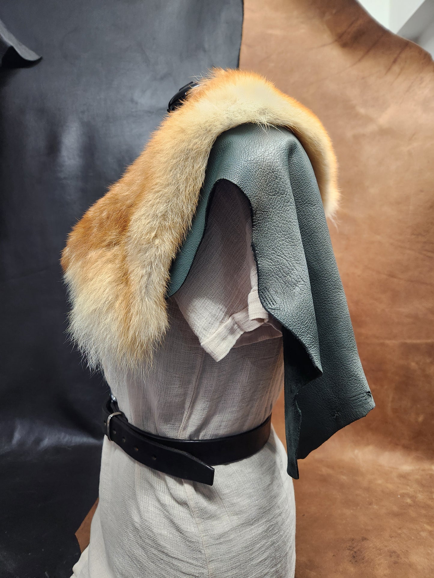 Coyote Fur and Green Deerskin Leather Mantle