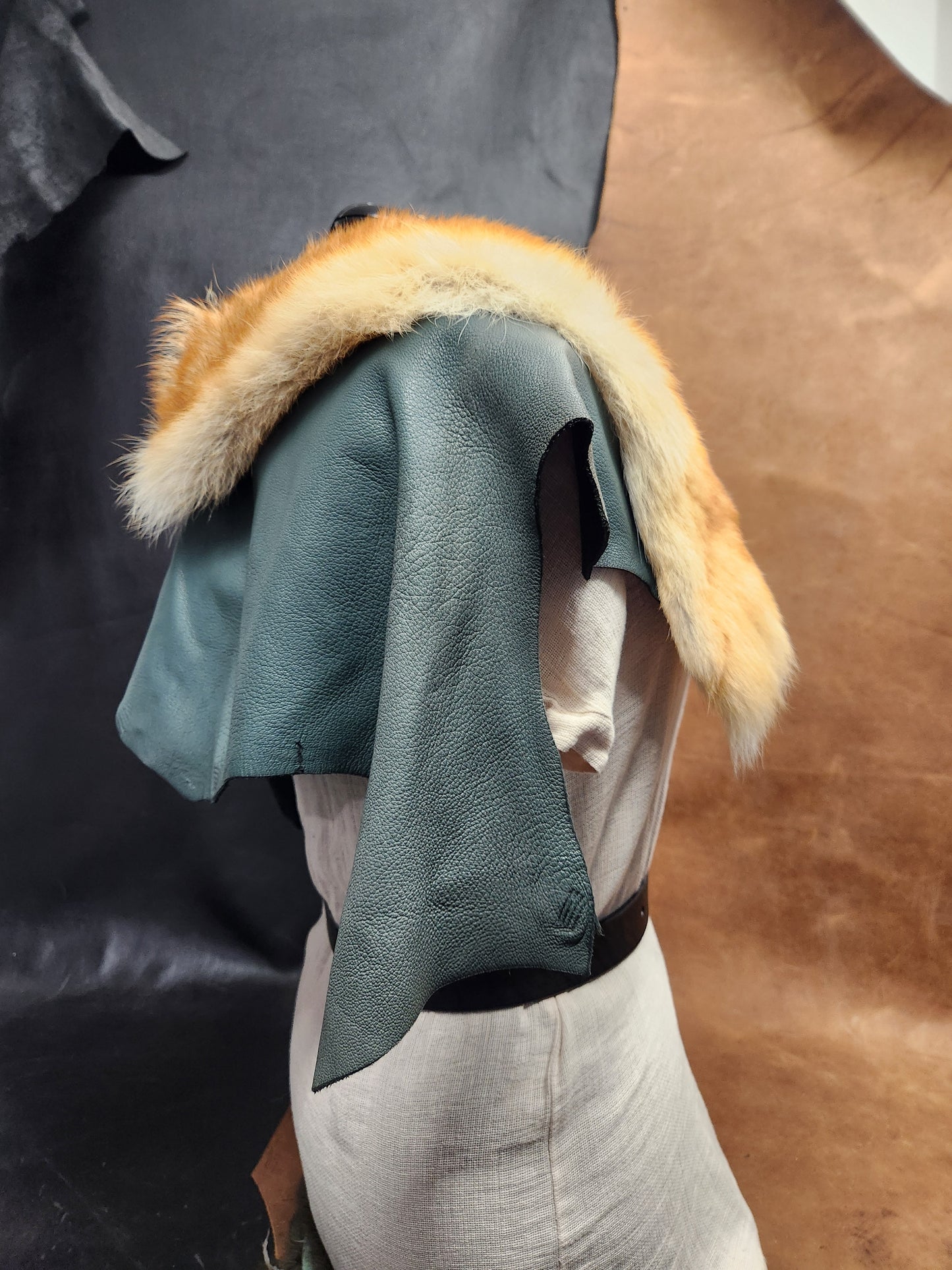 Coyote Fur and Green Deerskin Leather Mantle