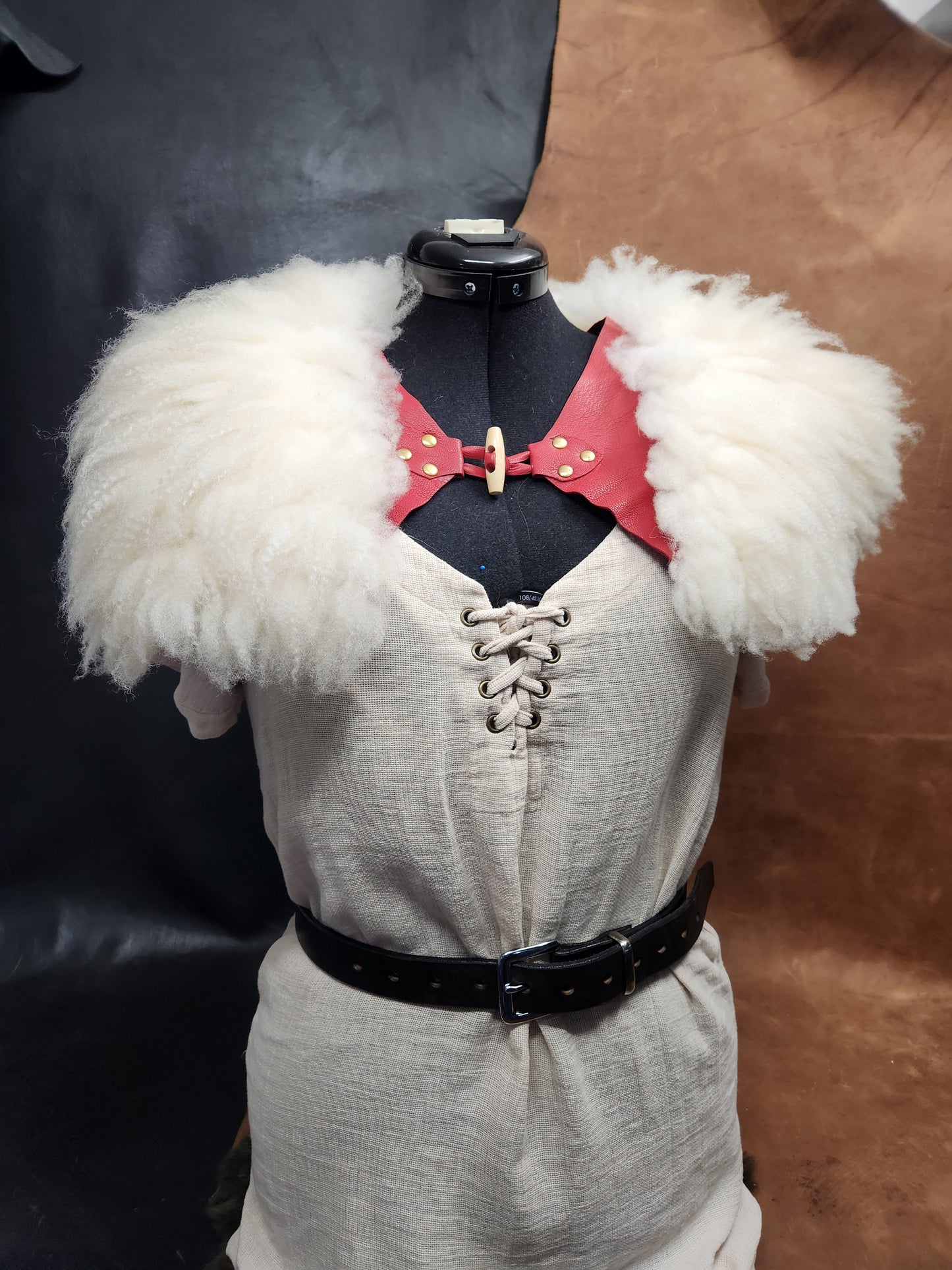 White Sheepskin and Red Deer Leather Mantle - Santa