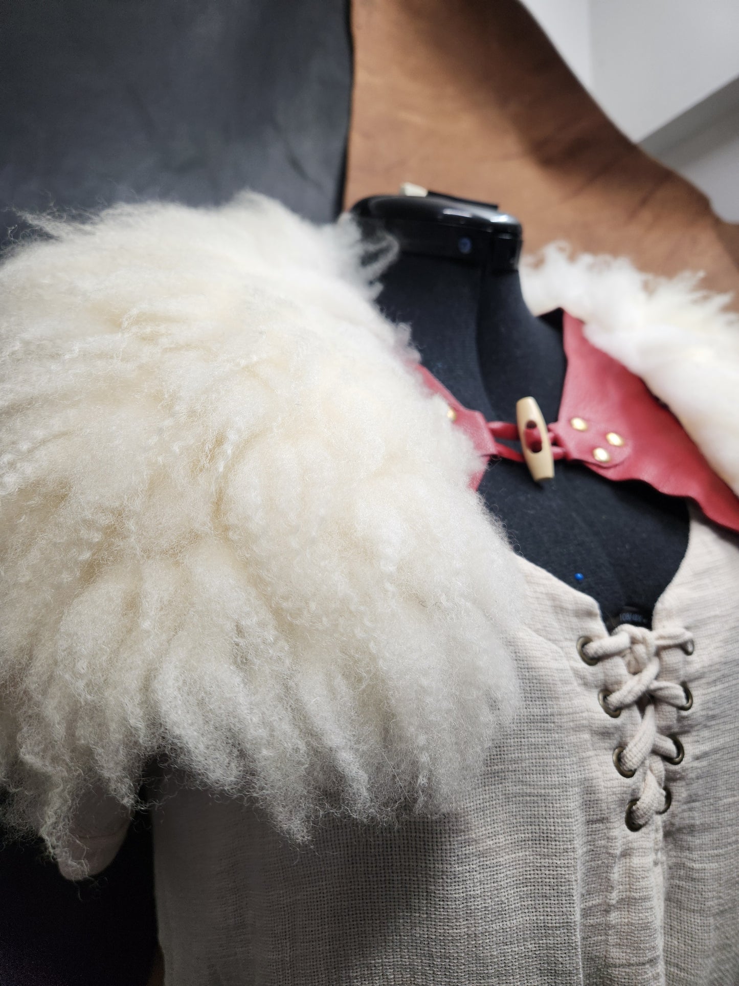 White Sheepskin and Red Deer Leather Mantle - Santa