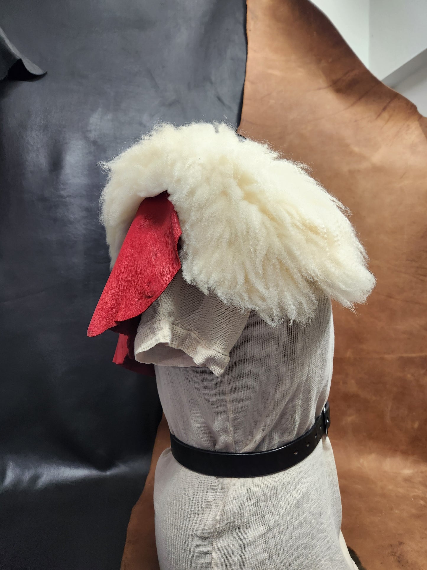 White Sheepskin and Red Deer Leather Mantle - Santa