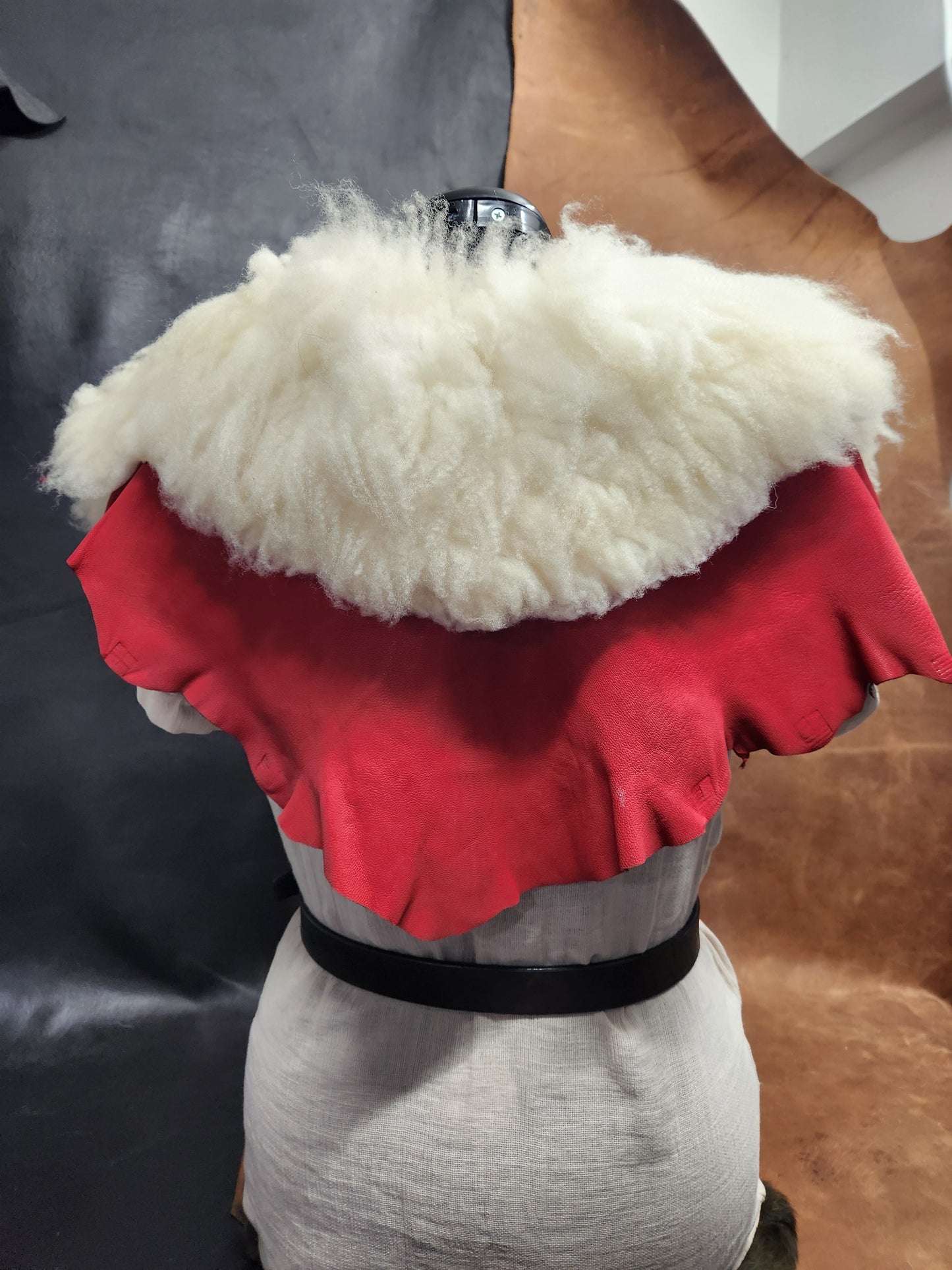 White Sheepskin and Red Deer Leather Mantle - Santa