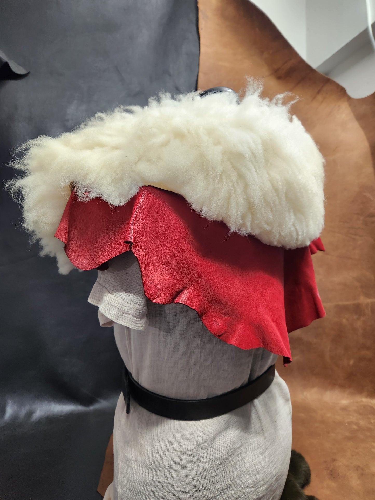 White Sheepskin and Red Deer Leather Mantle - Santa