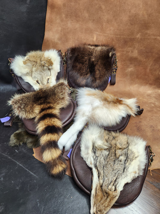 Large Leather Bags with Fur Faces, Shoulder or Belt Bag or Sporrin