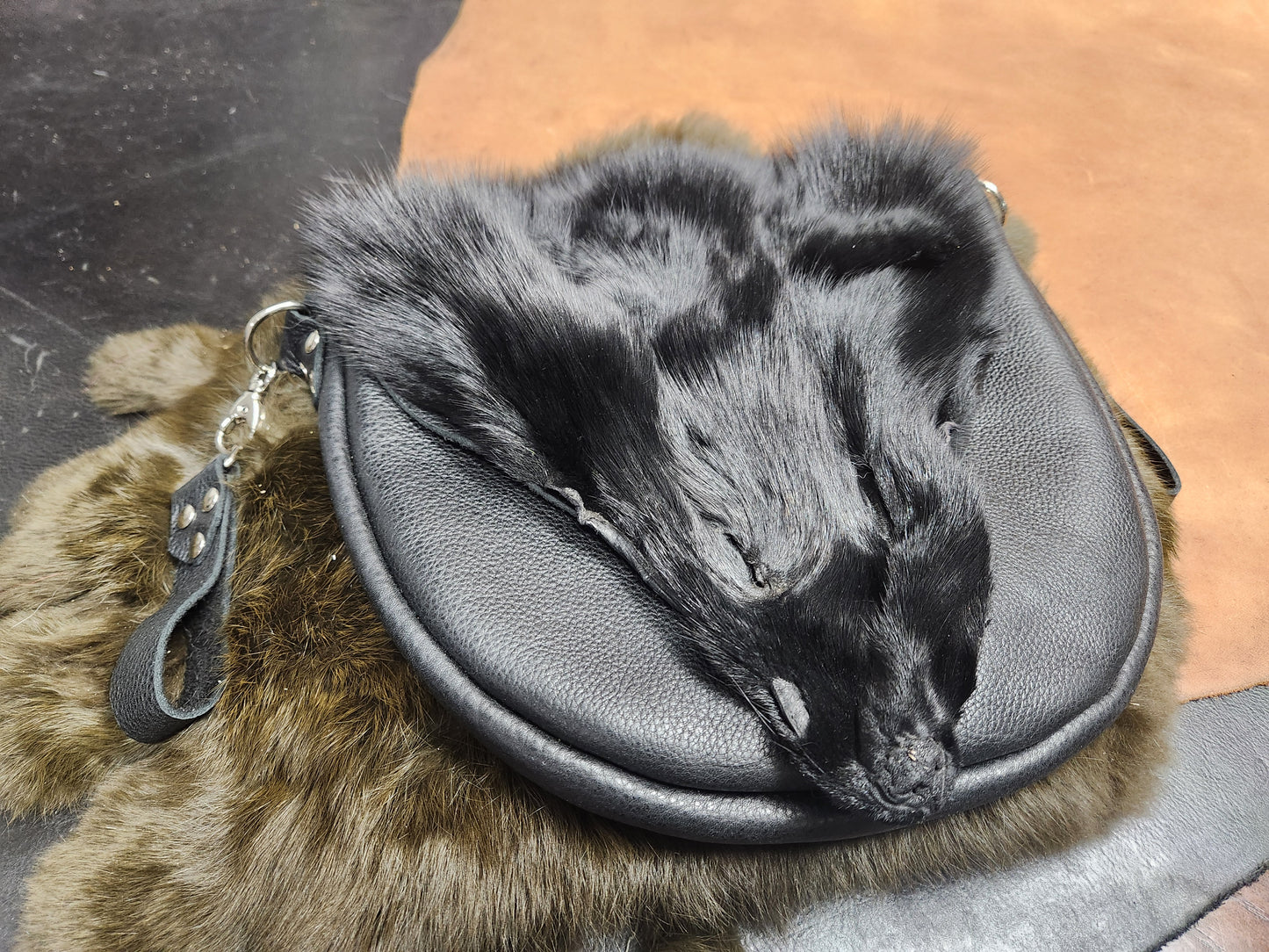 Large Leather Bags with Fur Faces, Shoulder or Belt Bag or Sporrin