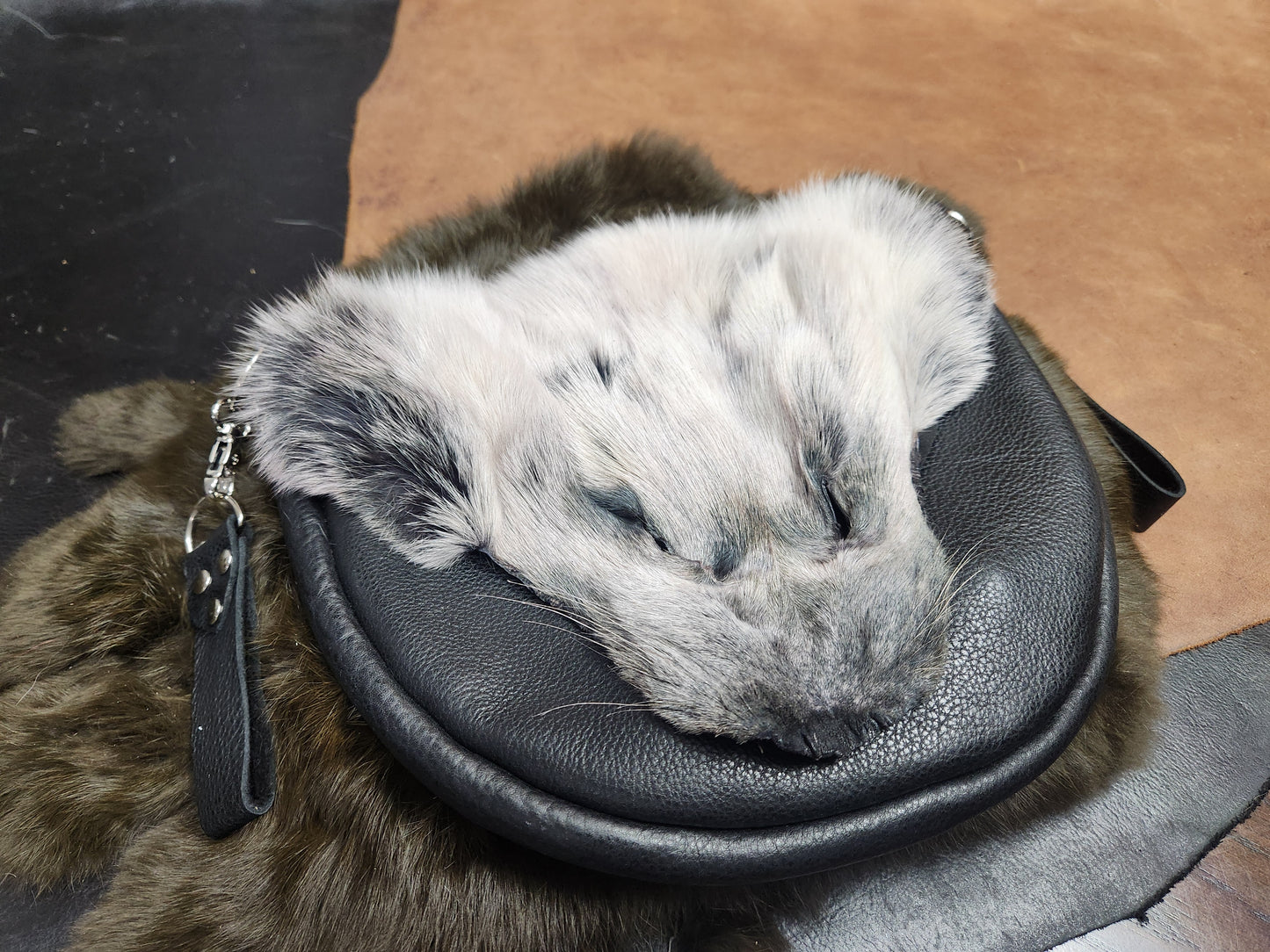 Large Leather Bags with Fur Faces, Shoulder or Belt Bag or Sporrin