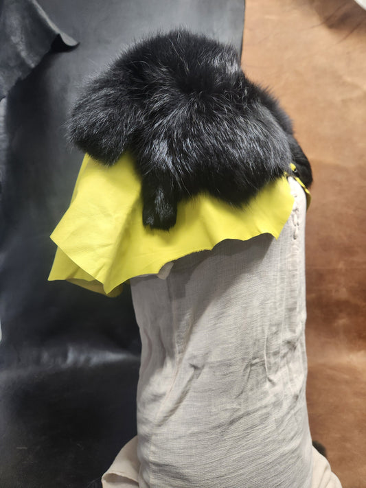 Bright Yellow Leather Mantle with Black Tanuki Fur