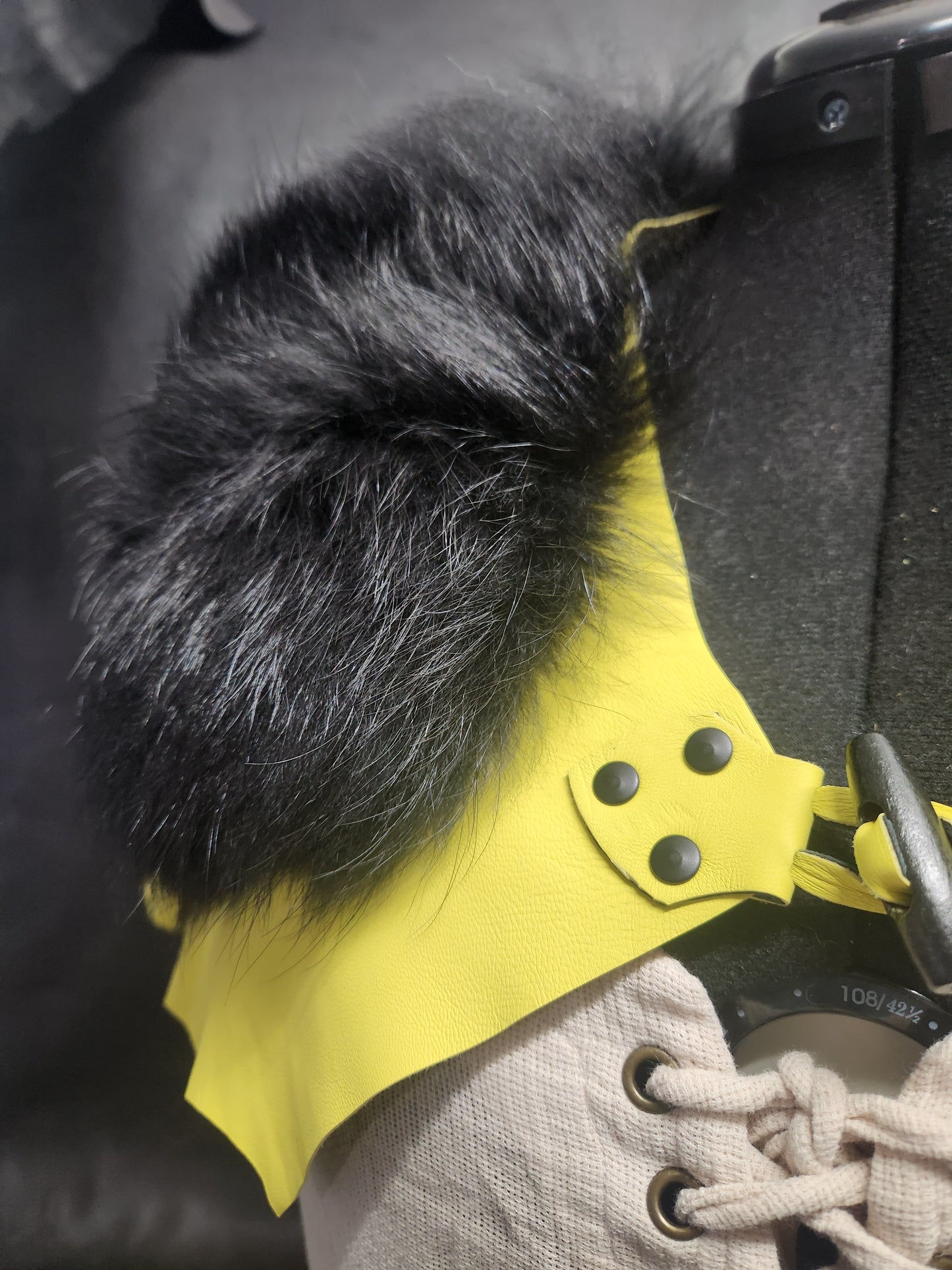 Bright Yellow Leather Mantle with Black Tanuki Fur