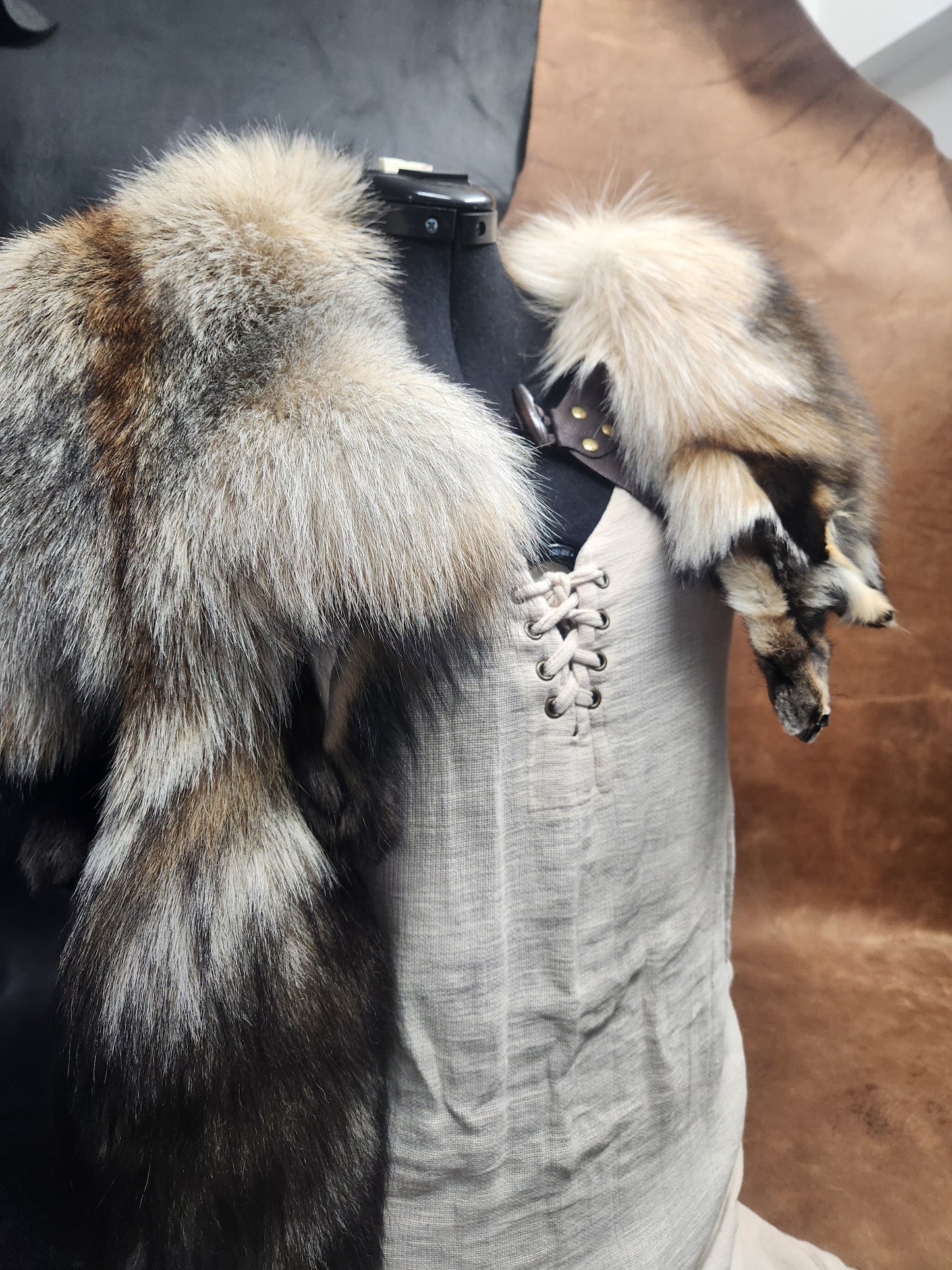 Smokey Fox Pelt Fur Mantle with Brown Deerskin