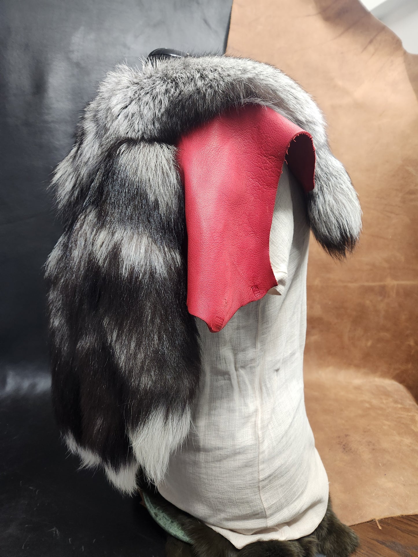 Silver Fox Tail and Red Deerskin Leather Mantle