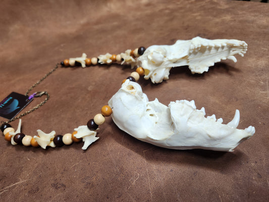 Double Fox Skull, Fox Vertebrae, and Wooden Bead Necklace