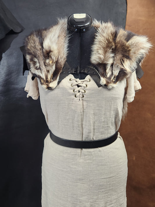 Double Raccoon Pelt Fur Mantle with Black Deerskin