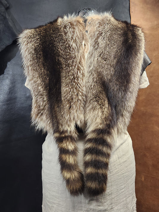 Double Raccoon Pelt Fur Mantle with Black Deerskin