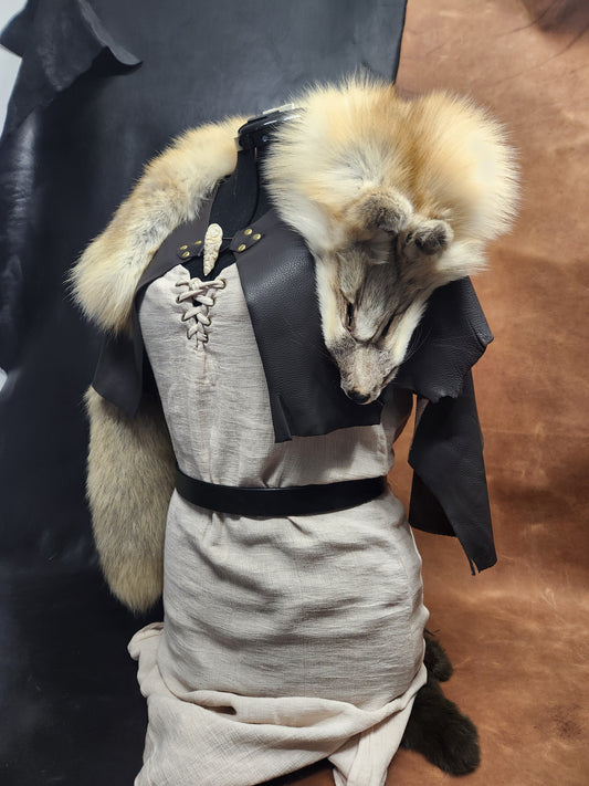 Golden Island Fox Fur Mantle with Dark Brown Elk Skin Leather and Carved Bone Toggle