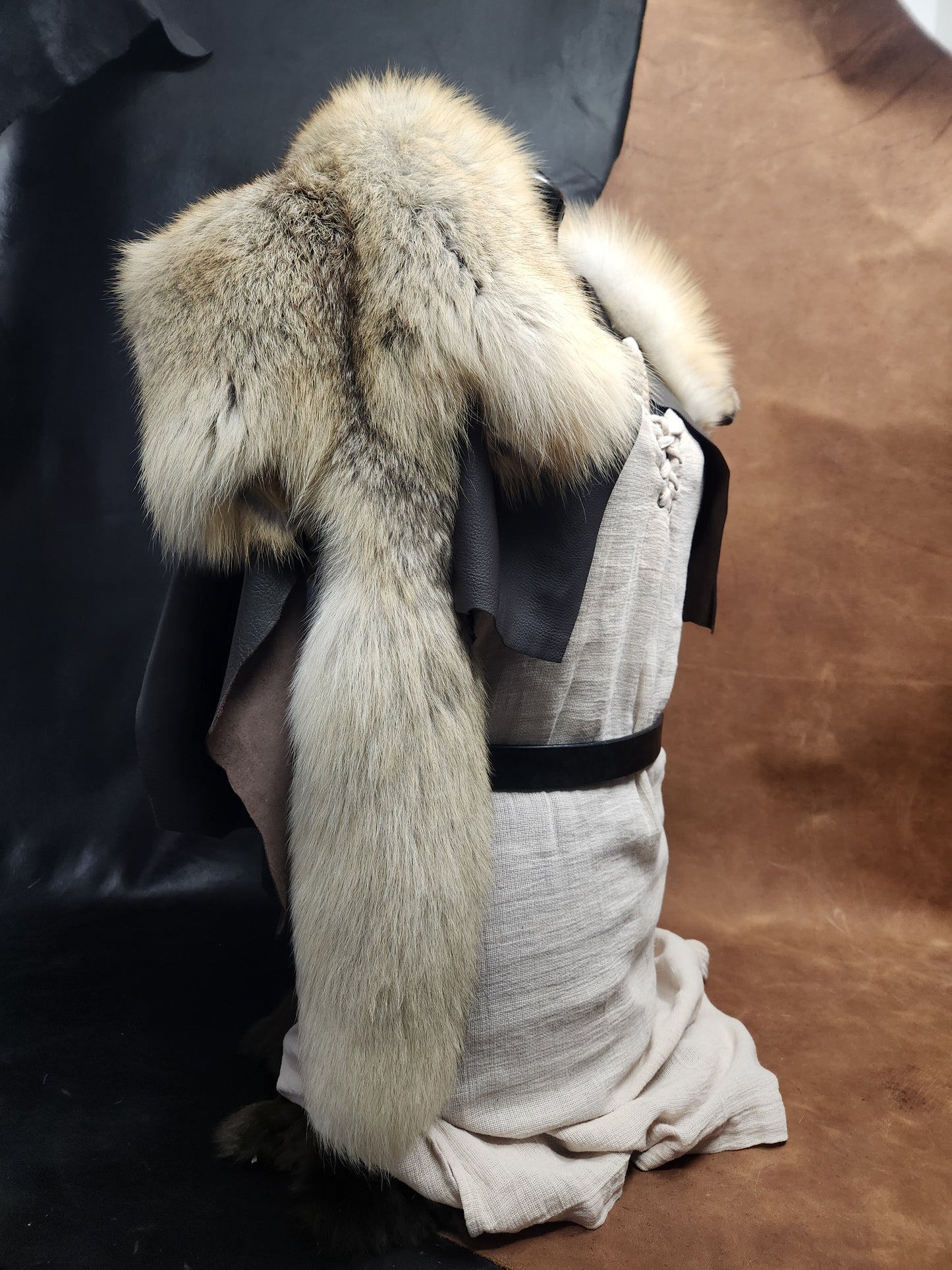 Golden Island Fox Fur Mantle with Dark Brown Elk Skin Leather and Carved Bone Toggle