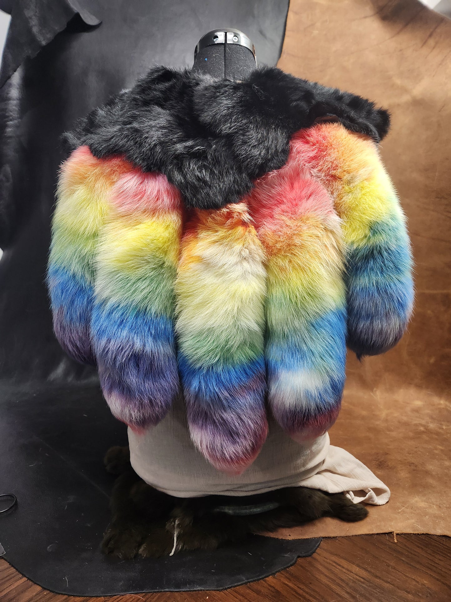 Rainbow Fox Tail, Black Rabbit, and Deerskin Leather Mantle