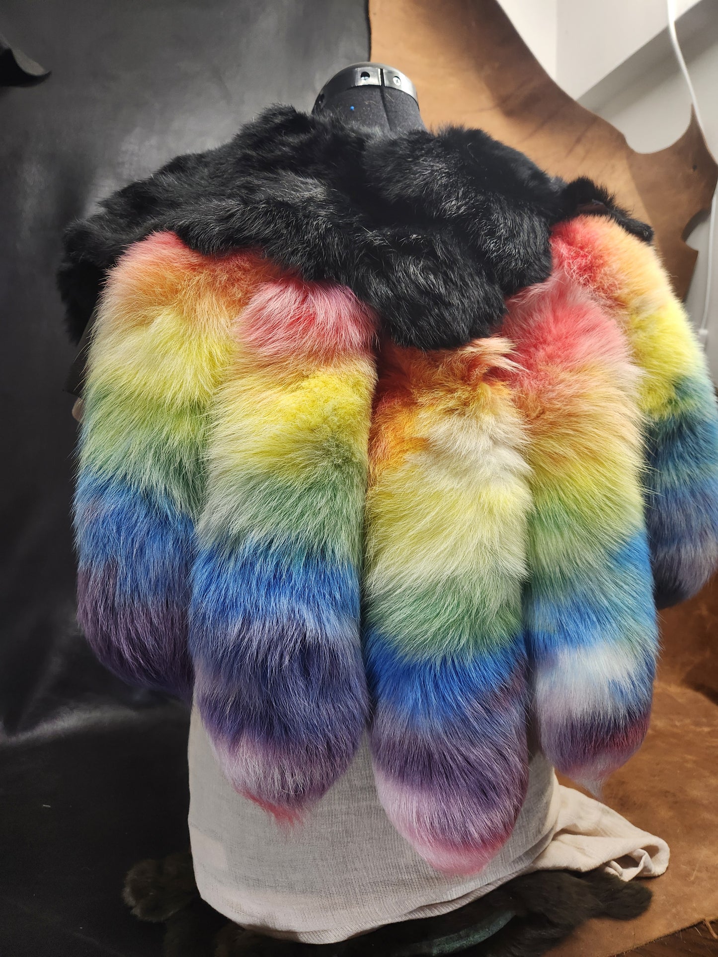 Rainbow Fox Tail, Black Rabbit, and Deerskin Leather Mantle