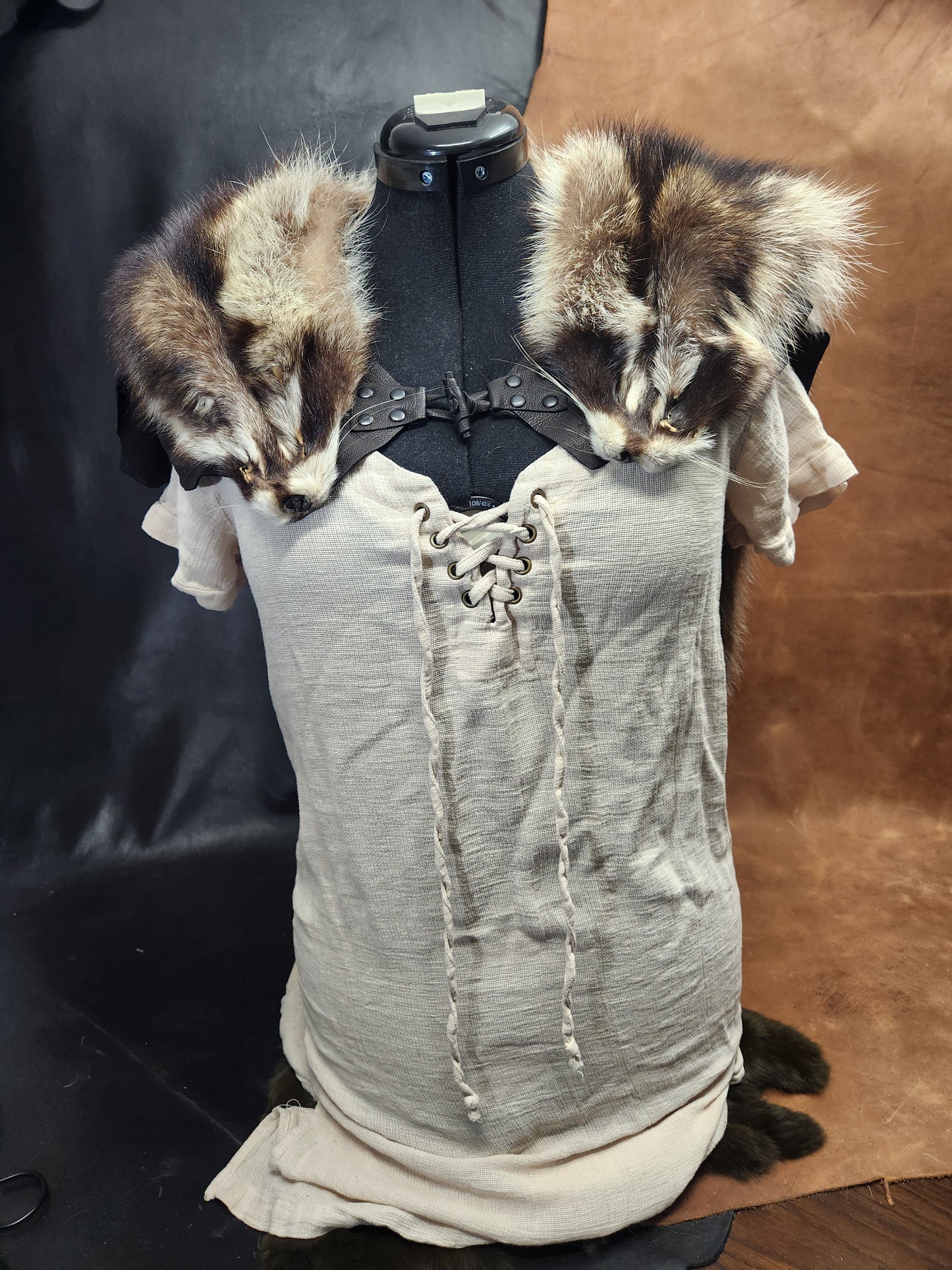 Double Raccoon Pelt Fur Mantle with Black Deerskin