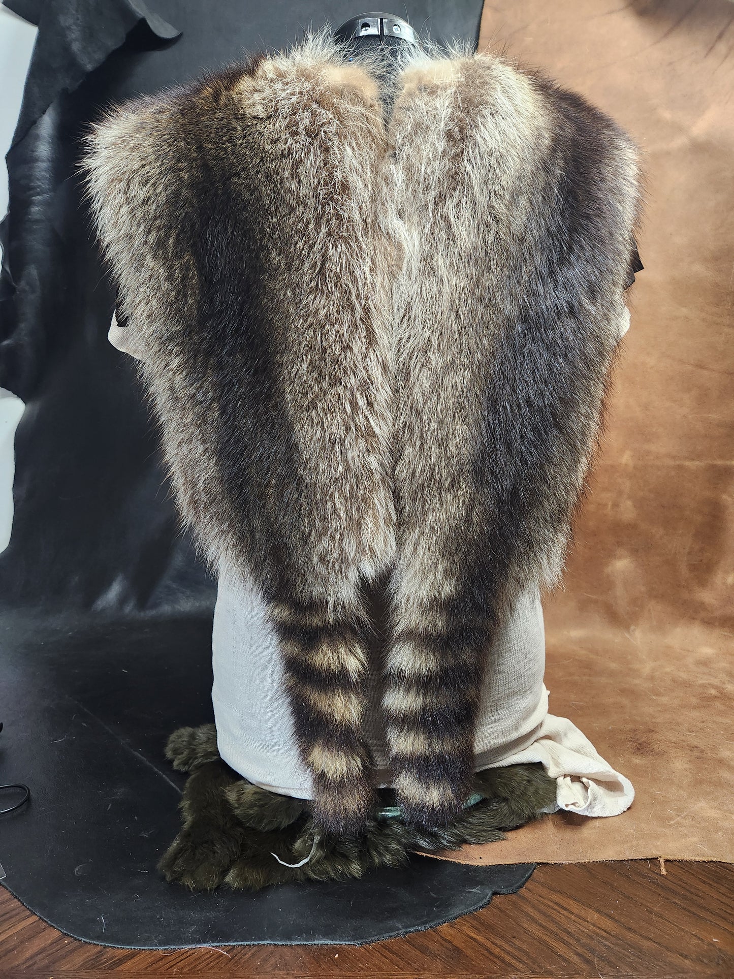 Double Raccoon Pelt Fur Mantle with Black Deerskin