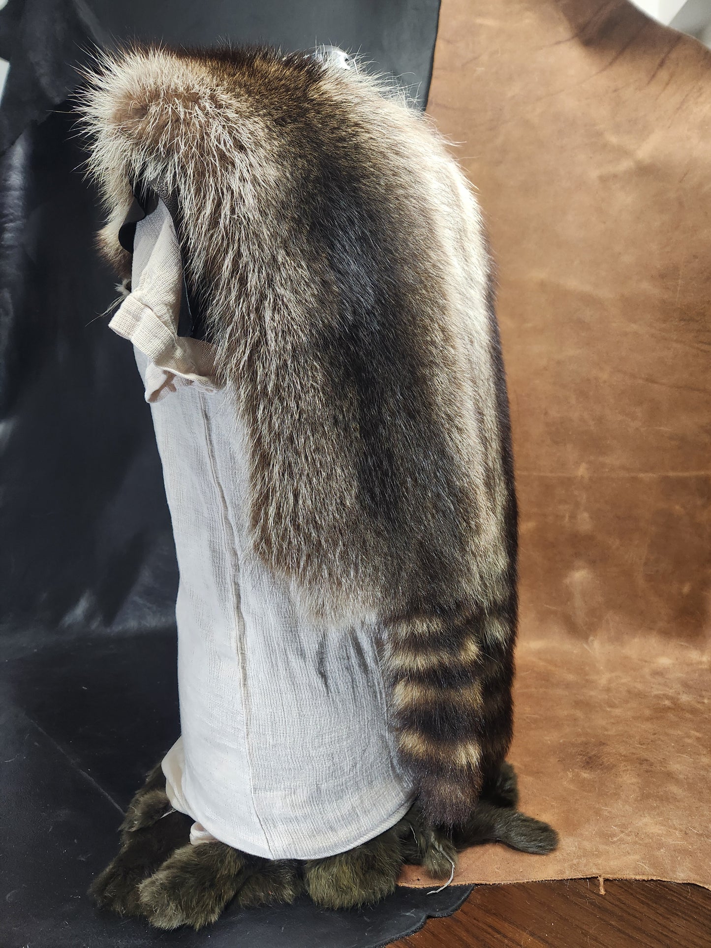 Double Raccoon Pelt Fur Mantle with Black Deerskin