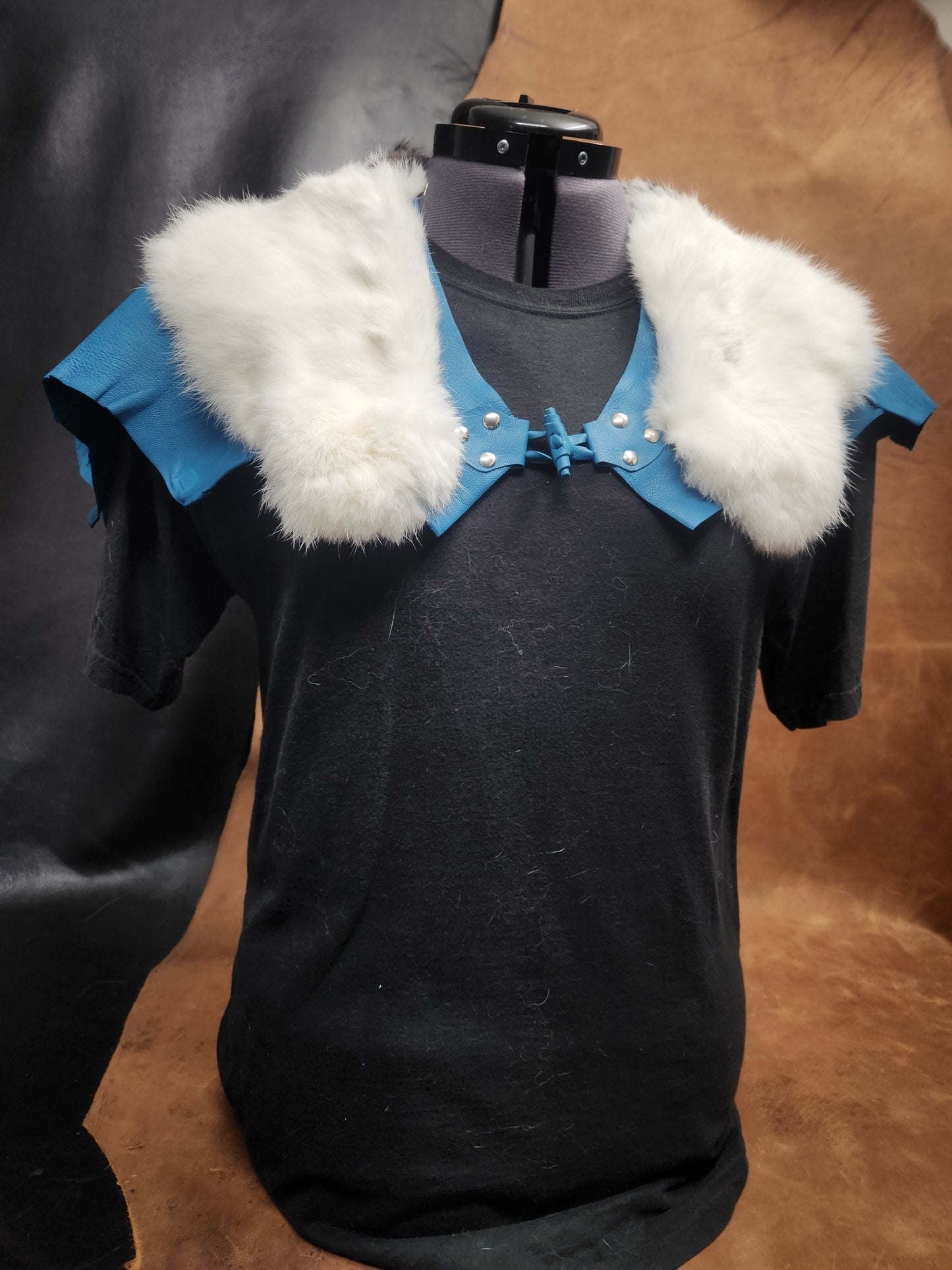 Blue Leather Mantle with White Rabbit Fur