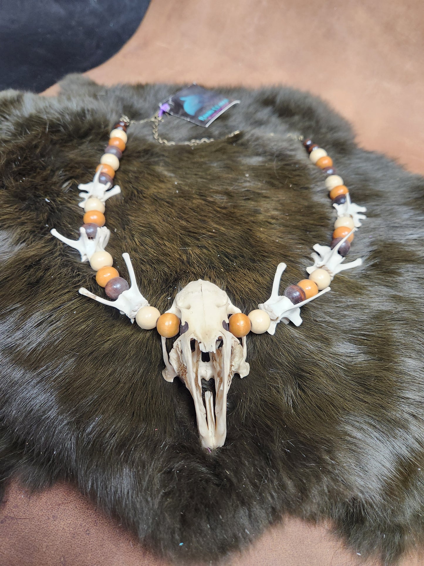 Rabbit Skull, Rabbit Vertebrae, and Wooden Bead Necklace