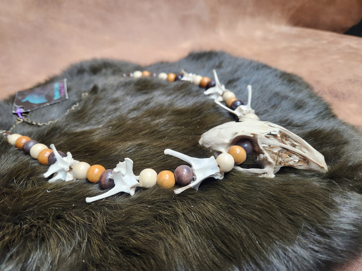 Rabbit Skull, Rabbit Vertebrae, and Wooden Bead Necklace