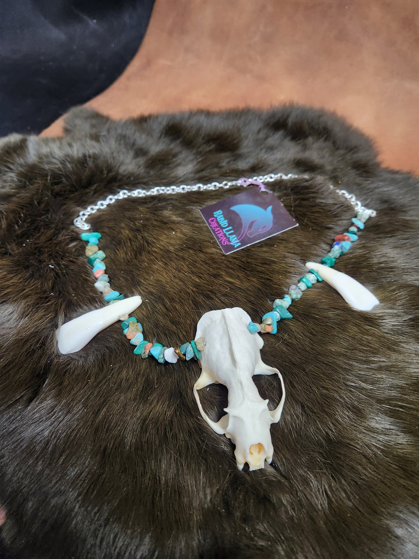 Mink skull, Buffalo Tooth, and Stone Chip Necklace