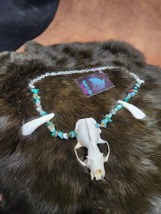 Mink skull, Buffalo Tooth, and Stone Chip Necklace