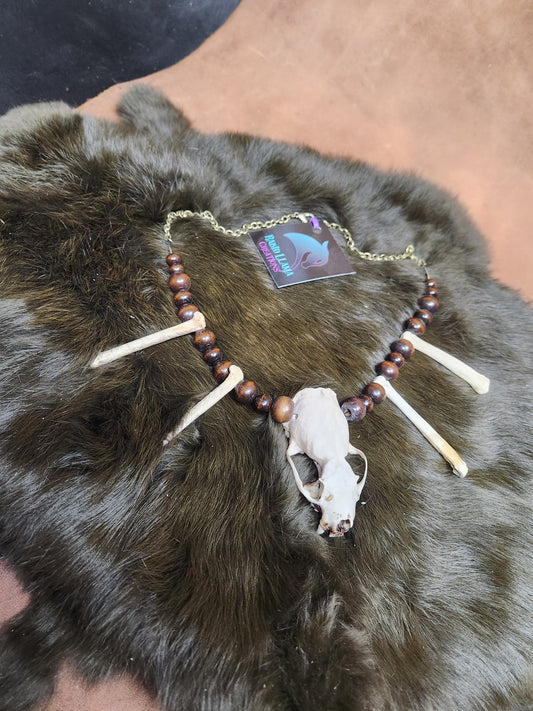 Mink skull, Coyote Foot Bone, and Wooden Bead Necklace