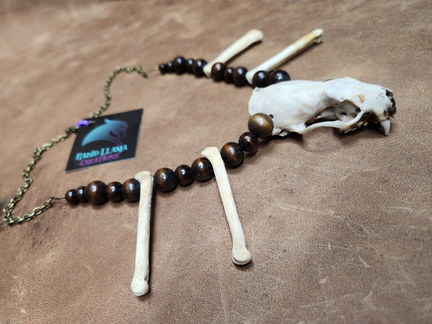 Mink skull, Coyote Foot Bone, and Wooden Bead Necklace