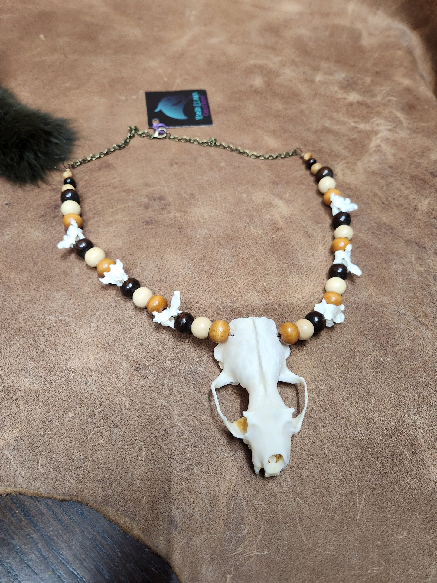 Mink skull, Mink Vertebrae, and Wooden Bead Necklace