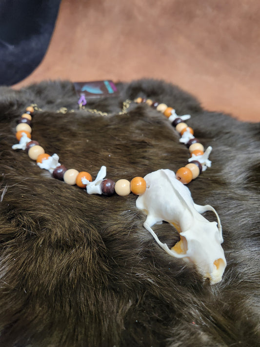 Mink skull, Mink Vertebrae, and Wooden Bead Necklace