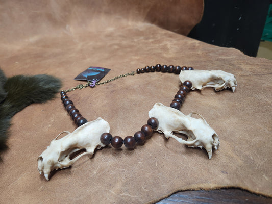 Triple Mink Skull and Wooden Bead Necklace