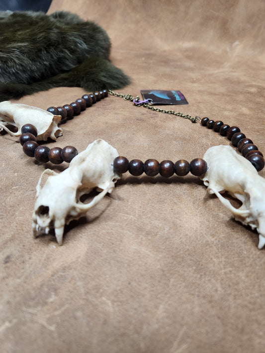 Triple Mink Skull and Wooden Bead Necklace