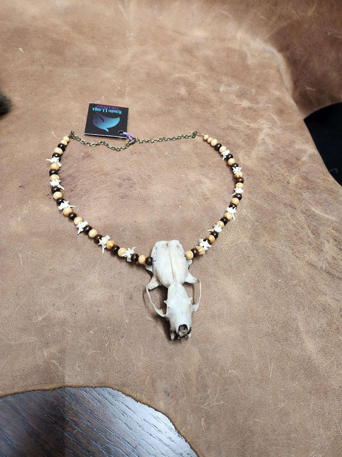 Mink skull, Rattlesnake Vertebrae, and Wooden Bead Necklace