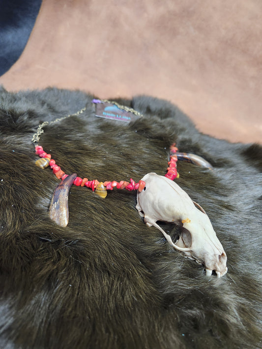 Mink skull, Buffalo Tooth, Tiger's Eye, and Red Stone Chip Necklace