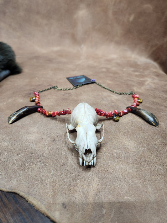 Mink skull, Buffalo Tooth, Tiger's Eye, and Red Stone Chip Necklace