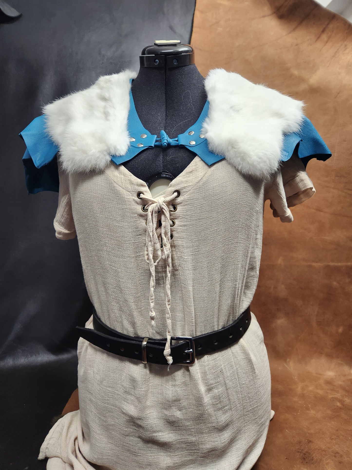 Blue Leather Mantle with White Rabbit Fur