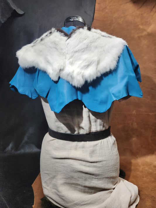 Blue Leather Mantle with White Rabbit Fur