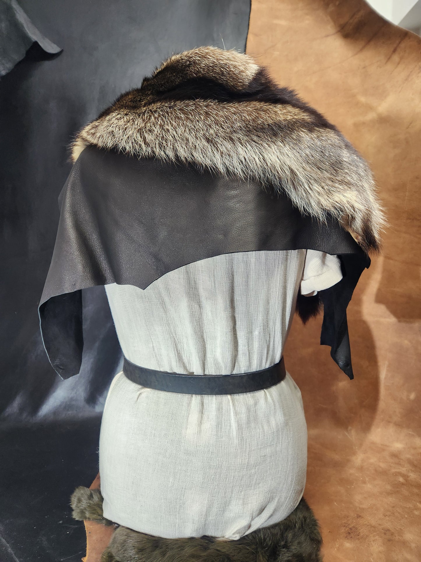 Raccoon Fur and Deerskin Leather Mantle