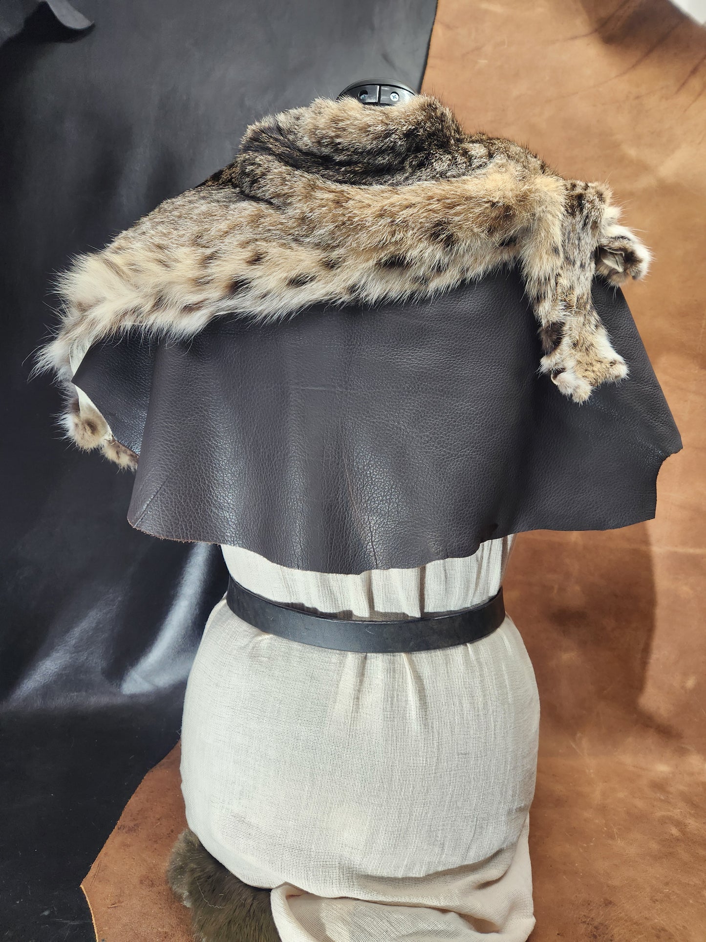 Bobcat Fur Mantle with Dark Brown Elk Skin Leather