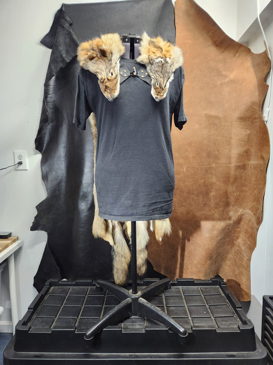 Double Coyote Pelt Fur Mantle with Black Leather