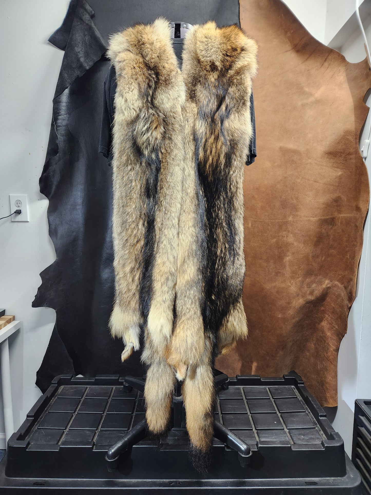 Double Coyote Pelt Fur Mantle with Black Leather